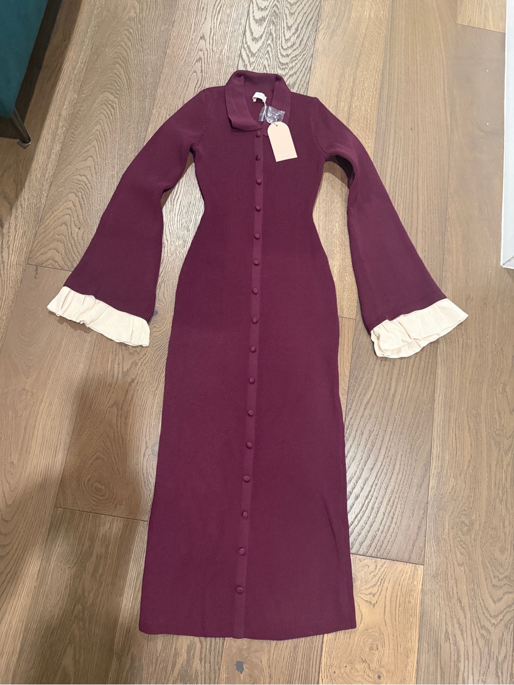 Meshki Plum Button-Front Knit Maxi Dress with Cream Ruffle Cuffs